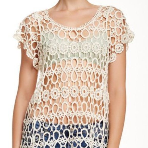 Bobeau NEW Knit Crochet Lace Blouse BLUE Top Topper Cotton Short Sleeve Womens L - Picture 2 of 9